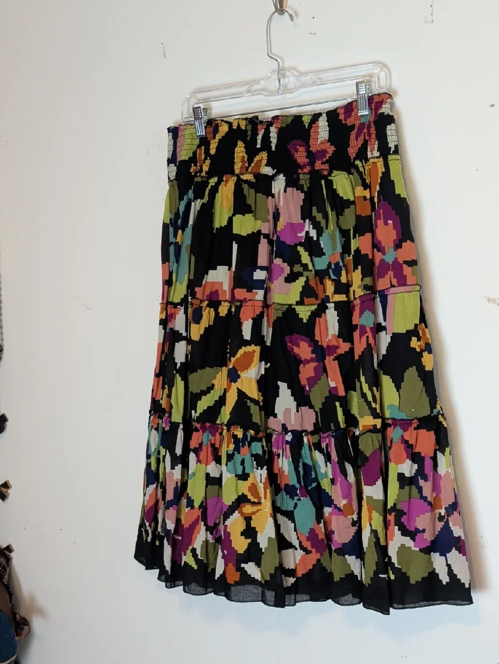 Vintage Boho Tiered Midi Skirt Smocked Waist Abstract Floral Cotton Large